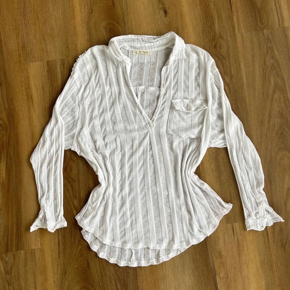 We The Free Free People White‎ Gauze Textured Long Sleeve Henley Top S coastal